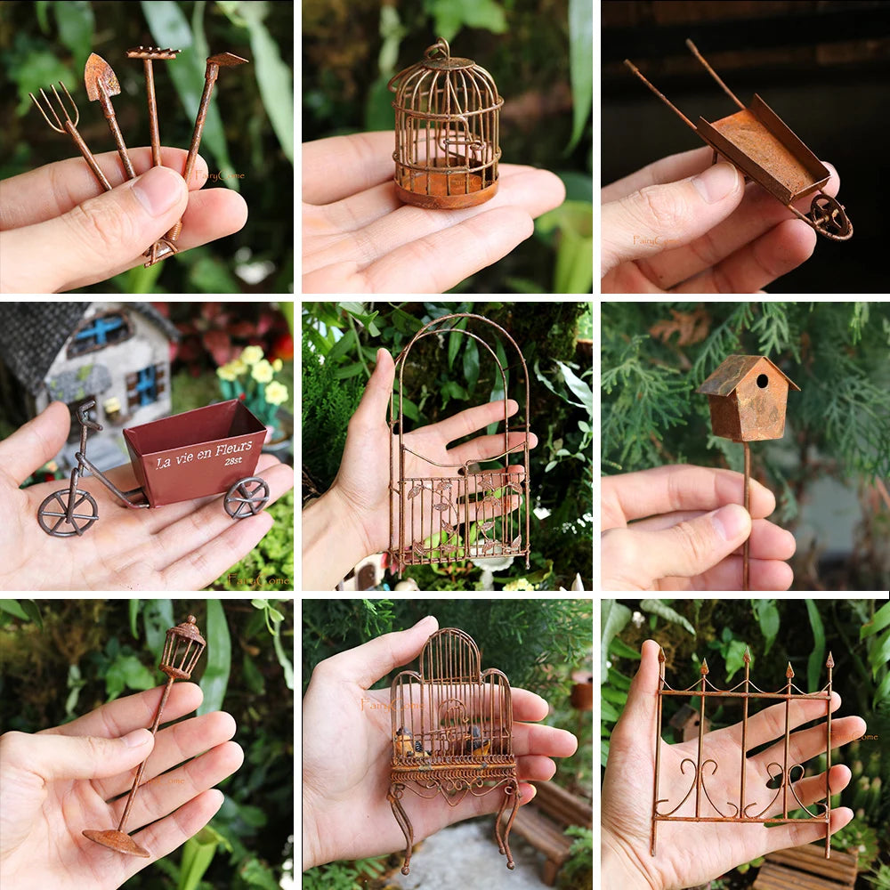 Set of 4pcs Miniature Garden Tools Rusty Metal Crafts Pixies Gnomes Gardening Rusted Tool Set Fairy Garden Accessories Ornaments