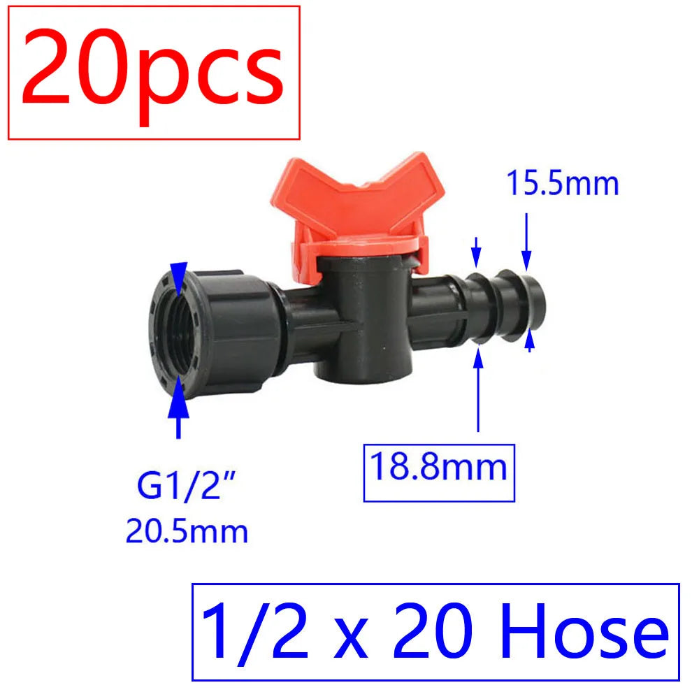 20pcs Drip Irrigation Mini Valve 4/7 3/8/10/12/16/20 /25mm Pipe Garden Tap 1/2" 3/4" Male Thread Water Hose Barb Connector