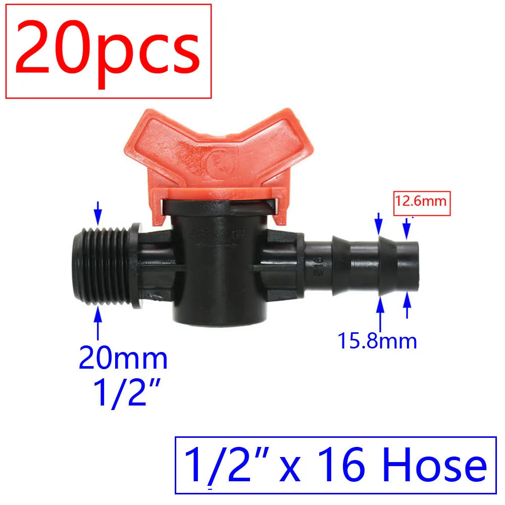 20pcs Drip Irrigation Mini Valve 4/7 3/8/10/12/16/20 /25mm Pipe Garden Tap 1/2" 3/4" Male Thread Water Hose Barb Connector