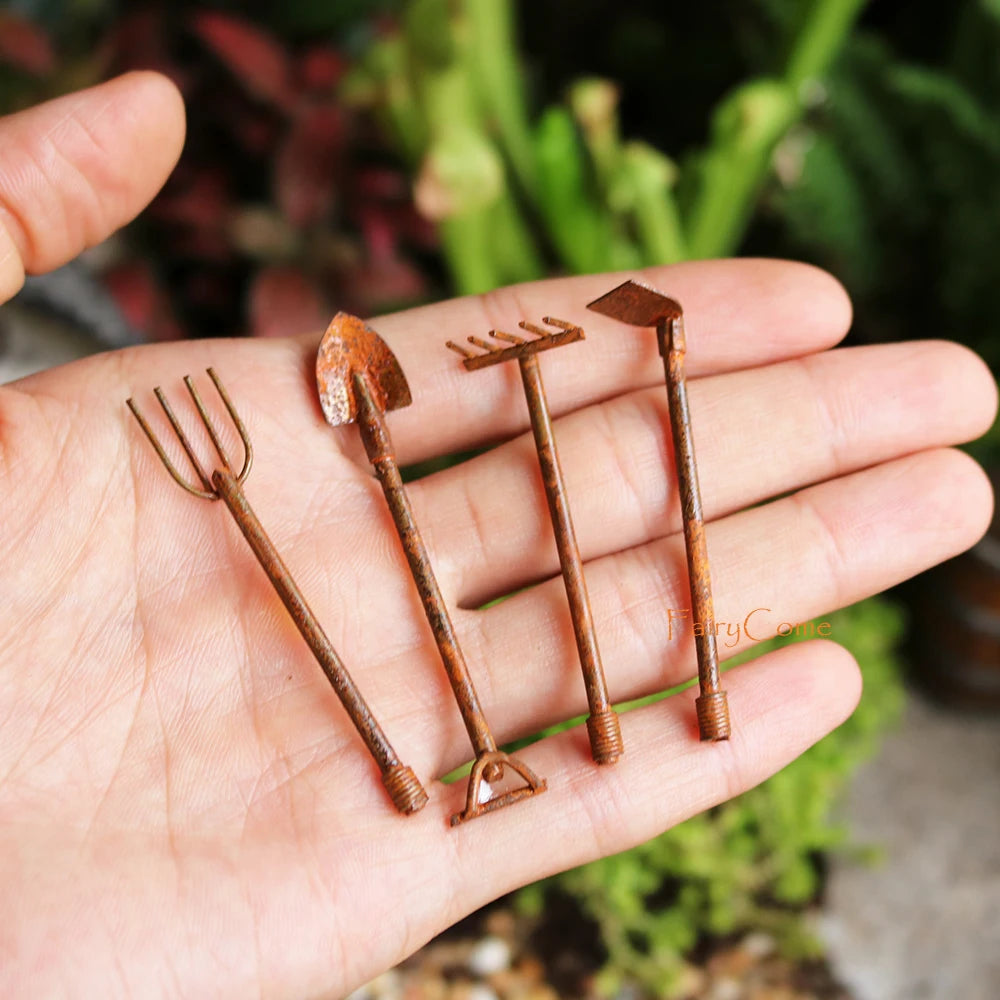 Set of 4pcs Miniature Garden Tools Rusty Metal Crafts Pixies Gnomes Gardening Rusted Tool Set Fairy Garden Accessories Ornaments