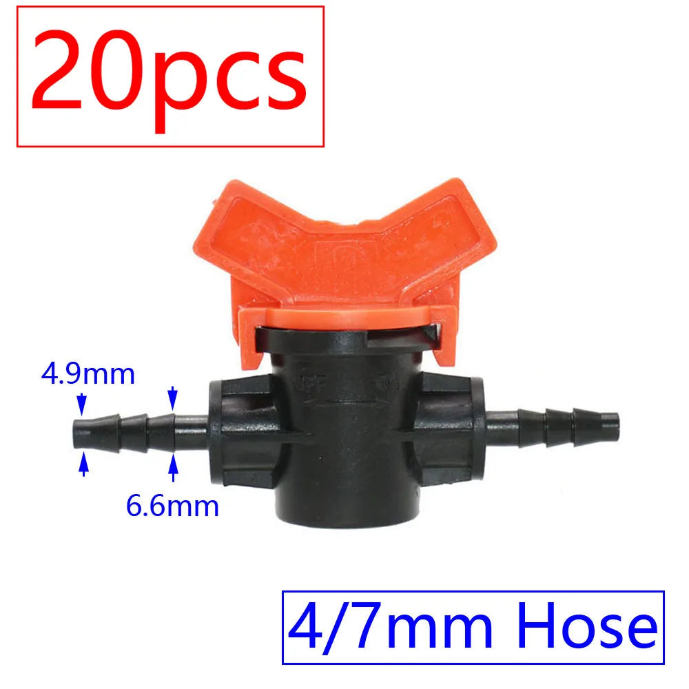 20pcs Drip Irrigation Mini Valve 4/7 3/8/10/12/16/20 /25mm Pipe Garden Tap 1/2" 3/4" Male Thread Water Hose Barb Connector