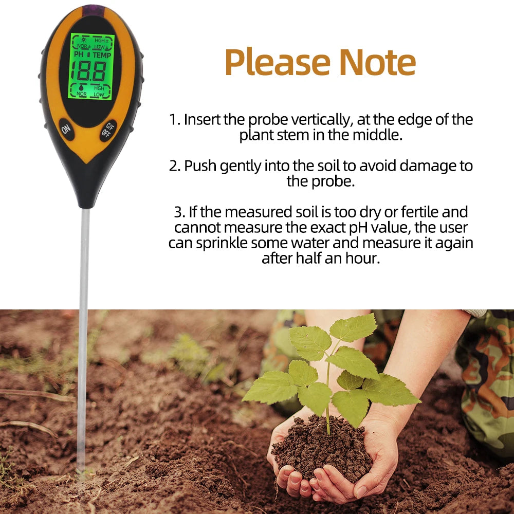 Professional Soil PH Meter 4 In 1 LCD Display Temperature Solar Moisture PH Garden Sunlight Tester for Gardening with Backlight