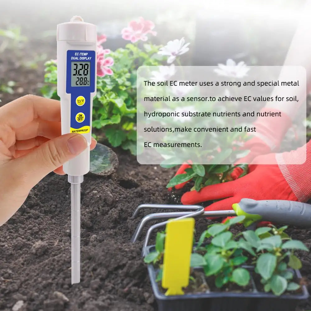 2 in 1 Soil Meter EC Temperature Conductivity Tester Nutrients Liquid Test Waterproof for Planting Gardening Hydroponics indoor