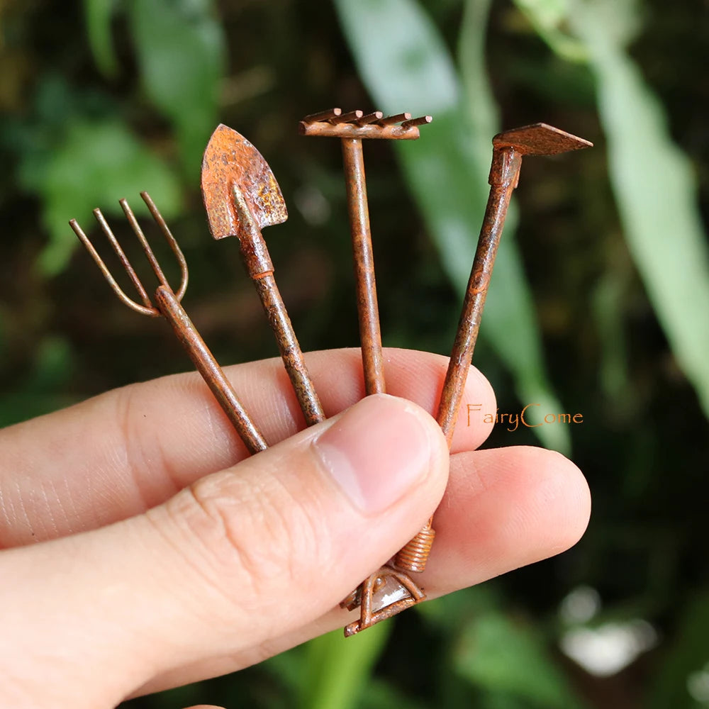 Set of 4pcs Miniature Garden Tools Rusty Metal Crafts Pixies Gnomes Gardening Rusted Tool Set Fairy Garden Accessories Ornaments