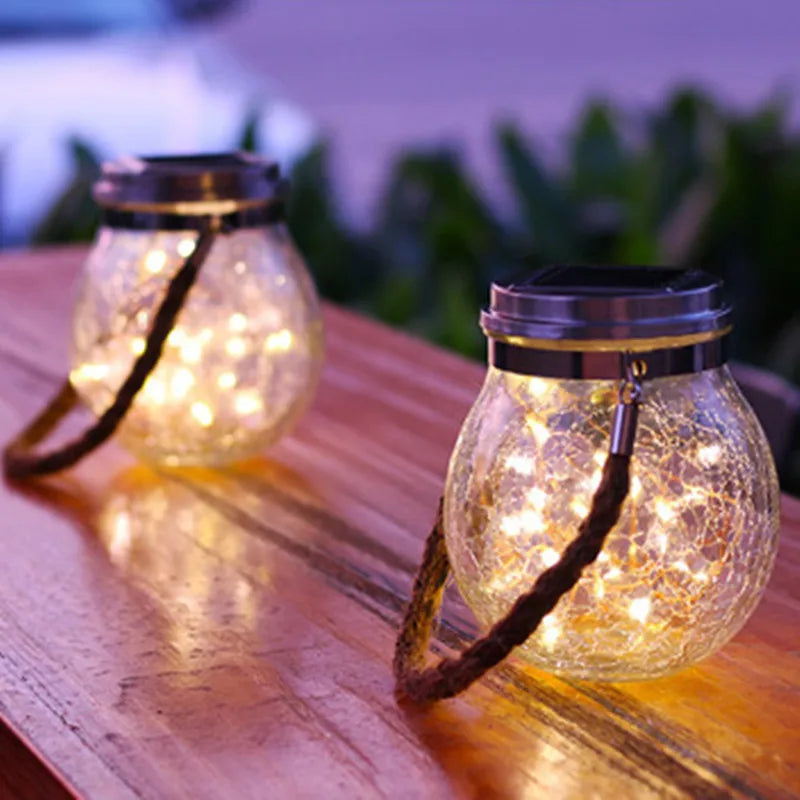 Solar Bottle Lamp Hemp Rope Hanging Lamp Outdoor Waterproof Balcony Terrace Garden Tree Light String Chandelier Glass Crack Lamp