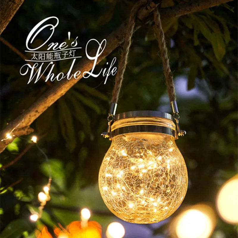 Solar Bottle Lamp Hemp Rope Hanging Lamp Outdoor Waterproof Balcony Terrace Garden Tree Light String Chandelier Glass Crack Lamp