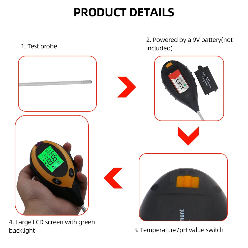 Professional Soil PH Meter 4 In 1 LCD Display Temperature Solar Moisture PH Garden Sunlight Tester for Gardening with Backlight