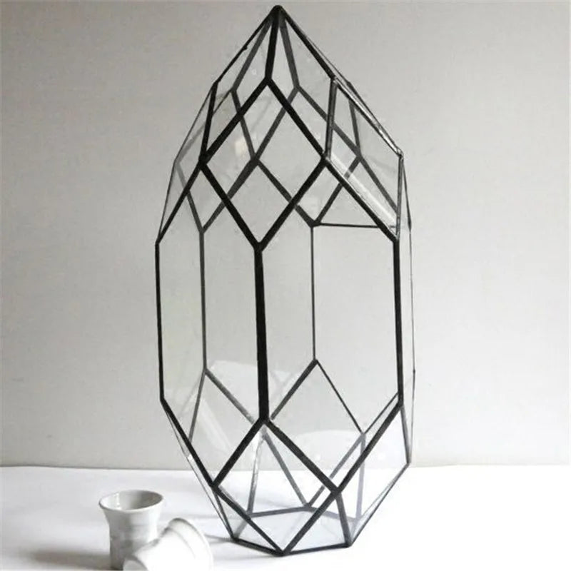 Handmade Glass Terrarium / Modern Planter for Indoor Gardening / Geometric Crystal Shape Orchid Planter Table Greenhouse