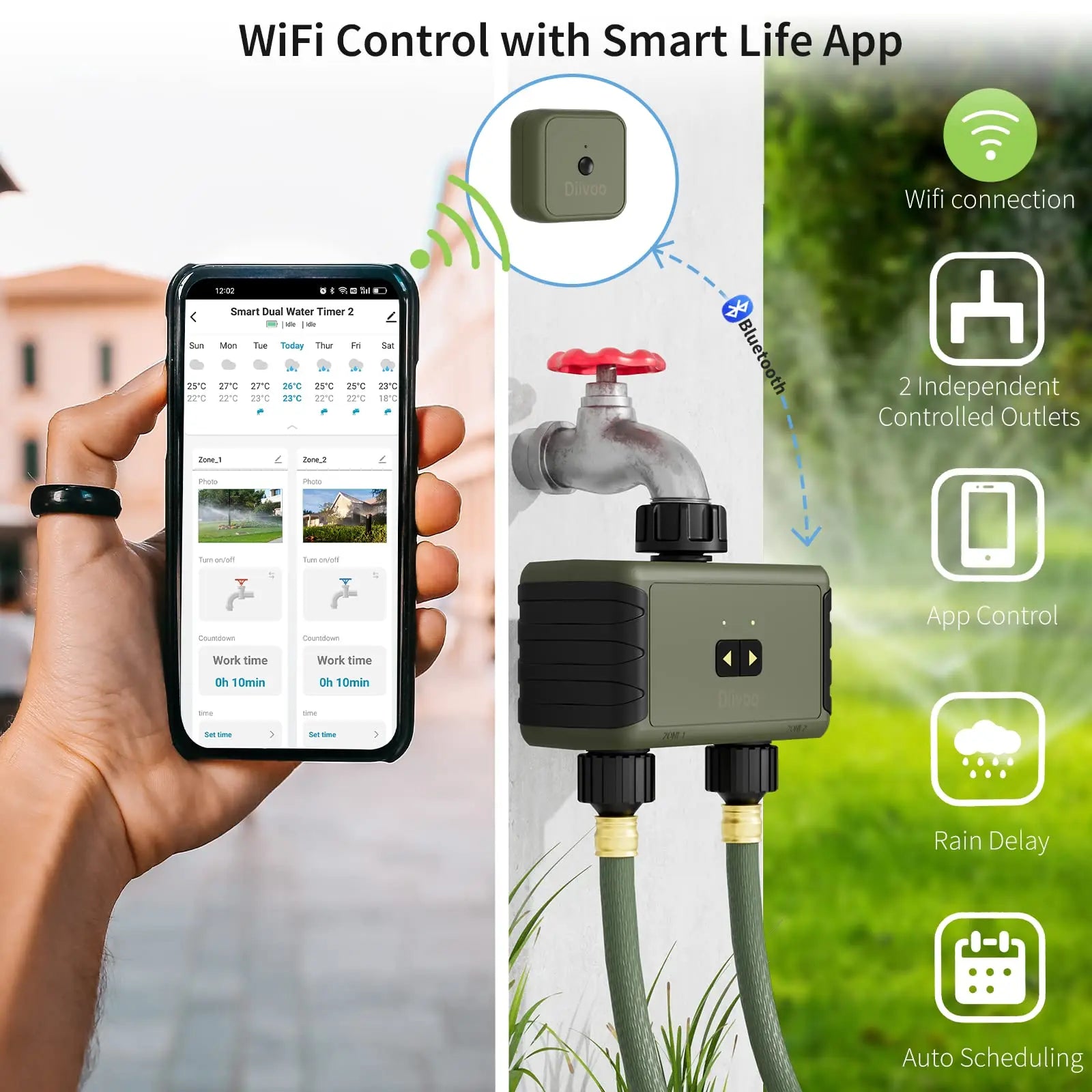 Diivoo 1/2/3 Zone Garden Watering Timer Wifi Automatic Drip Irrigation Controller Water Valve Garden Automatic Watering System