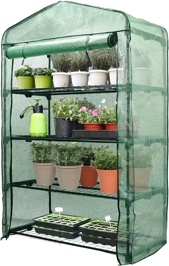 Garden 50% Extra Wide Mini Greenhouse 4 Tier Portable Plant Green House 40in Wide -Sturdy Gardening Shelves with PE Cover & Roll