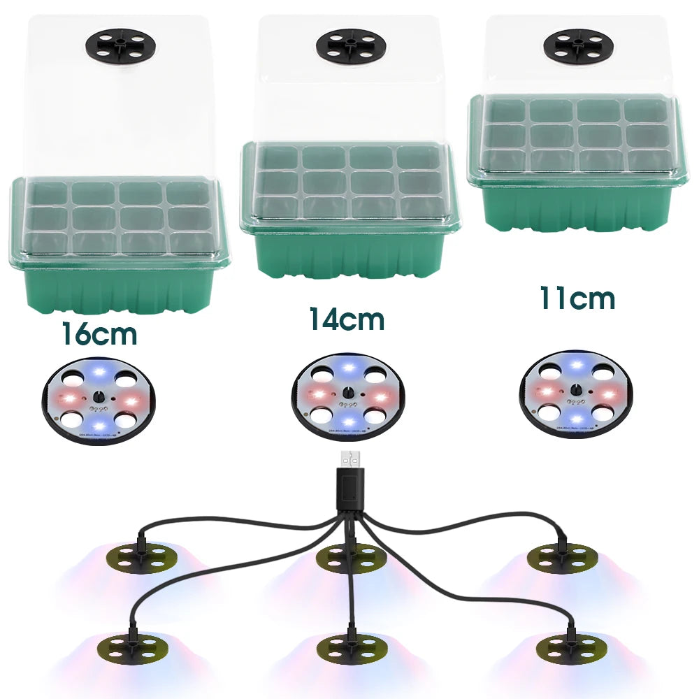 Red Blue Warm 3-Color Lights Grow Light Plant Germination Tray Grow Box with 11/14/16cm Seed Start Kit Dome Adjustable Humidity