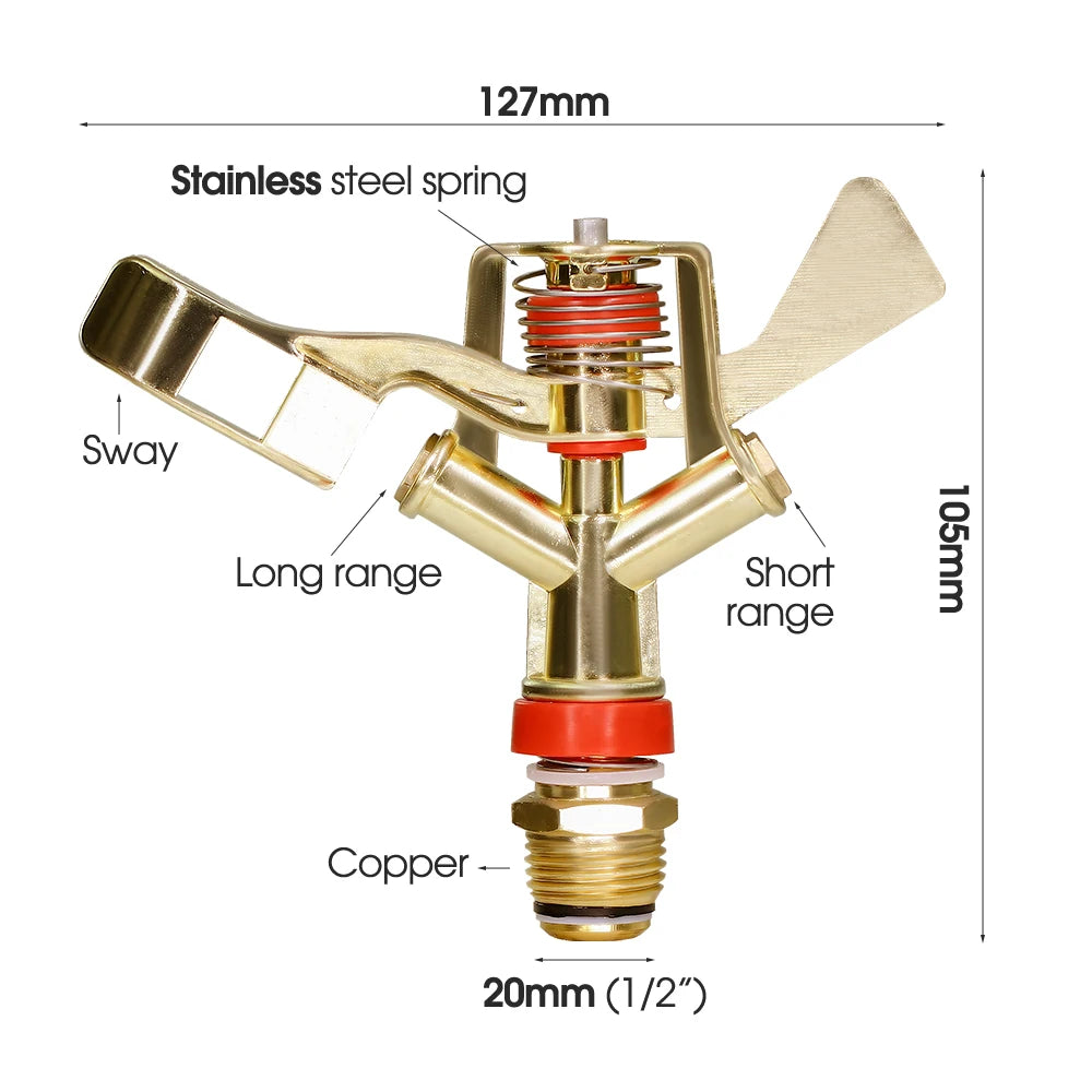 1/2 3/4'' Male Thread Metal Pulsating Sprinkler Zinc Alloy 360° Rocker Arm Water Spray Nozzle for Agricultural Garden Irrigation