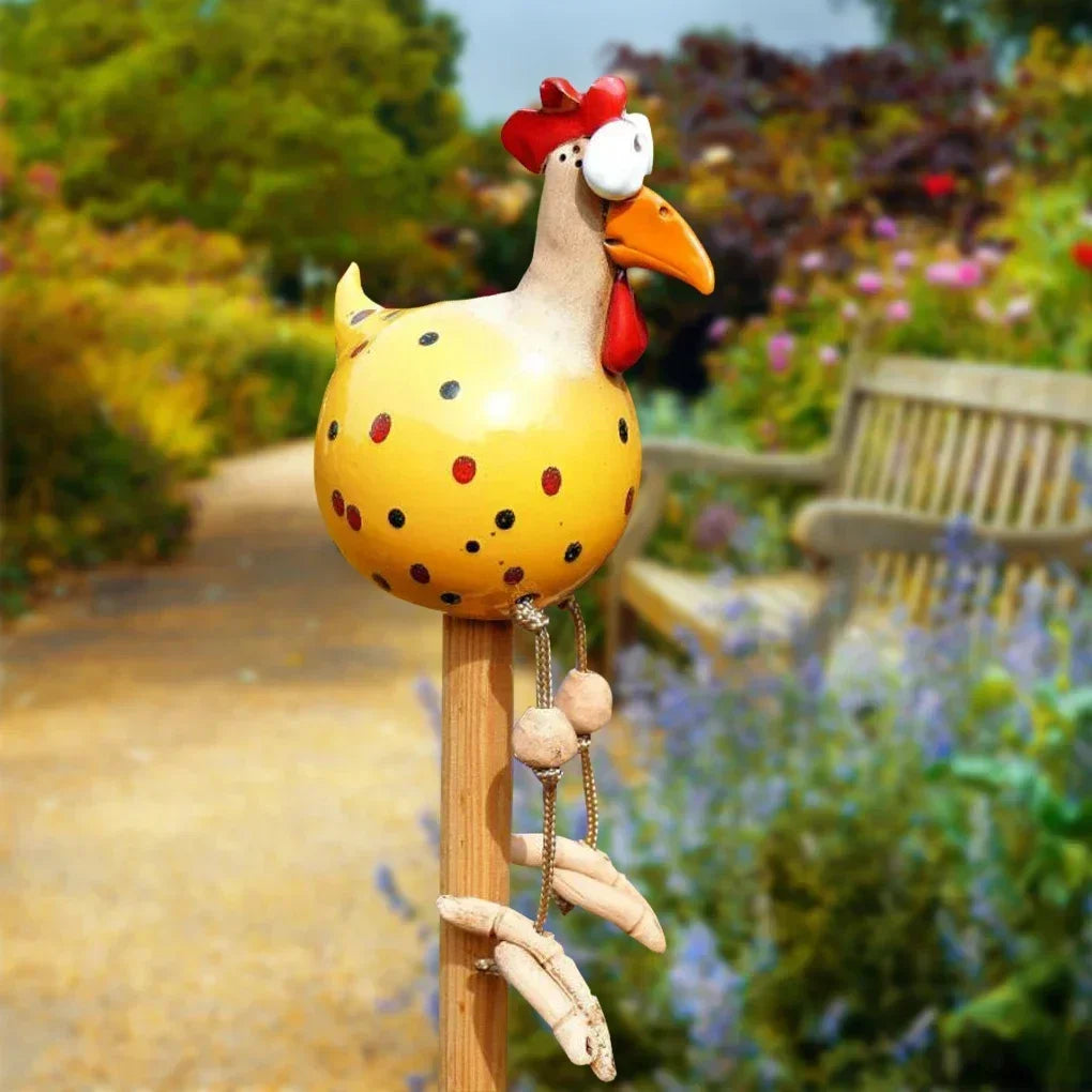 Resin Crafts Statues Funny Big Eyed Chicken Statue Long Foot Hen Sculptures Garden Fence Art Supplies Wooden Stake Decoration