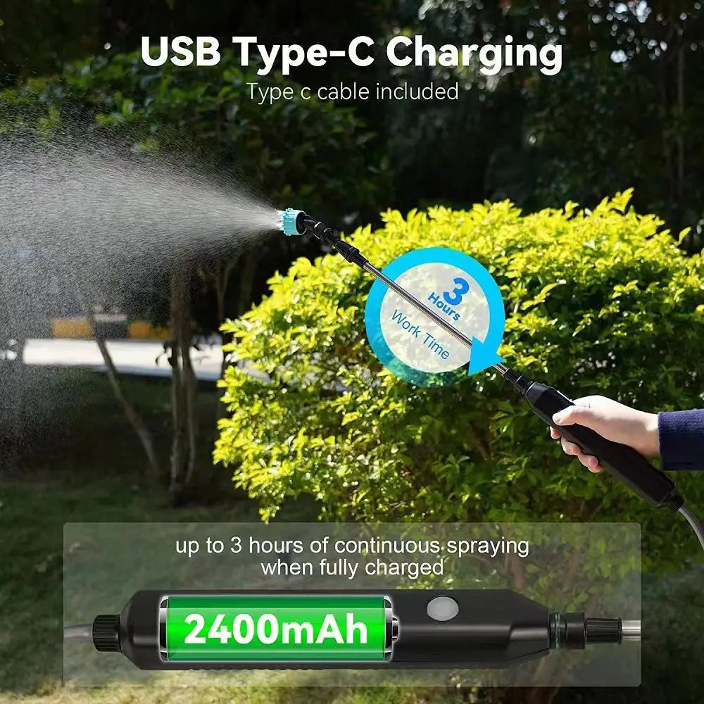 Portable Electric Gardening Sprayer Irrigation Tool USB 2400mah Rechargeable Telescopic Handle with 3 Nozzles for Yard Plant