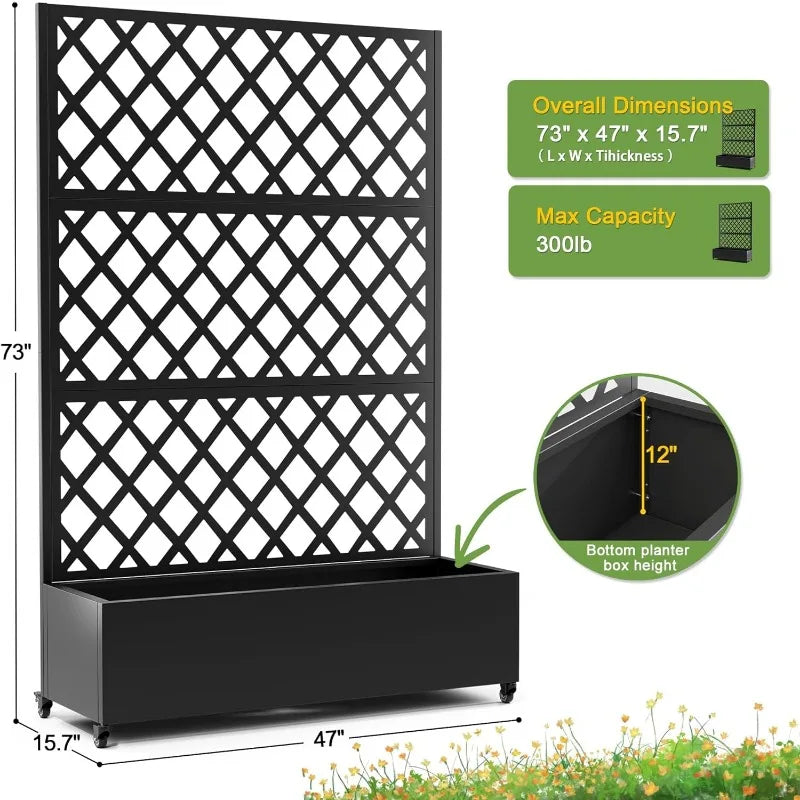 Metal Planter Box with Diamond Lattice Trellis Planter Box, Galvanized Raised On Wheels, Garden Bed with Trellis(73"x47" Black)