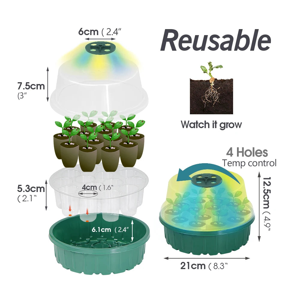 25W Plant Warm Heating Pad with Round Seed Starter Tray Germination Box with LED Grow Light Greenhouse Growing Trays with Holes