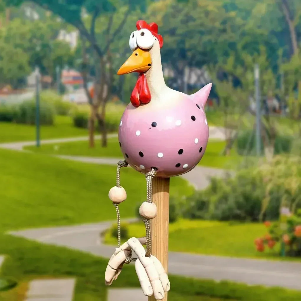 Resin Crafts Statues Funny Big Eyed Chicken Statue Long Foot Hen Sculptures Garden Fence Art Supplies Wooden Stake Decoration