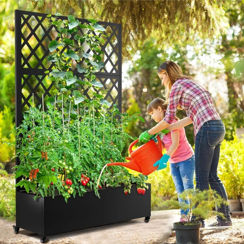 Metal Planter Box with Diamond Lattice Trellis Planter Box, Galvanized Raised On Wheels, Garden Bed with Trellis(73"x47" Black)