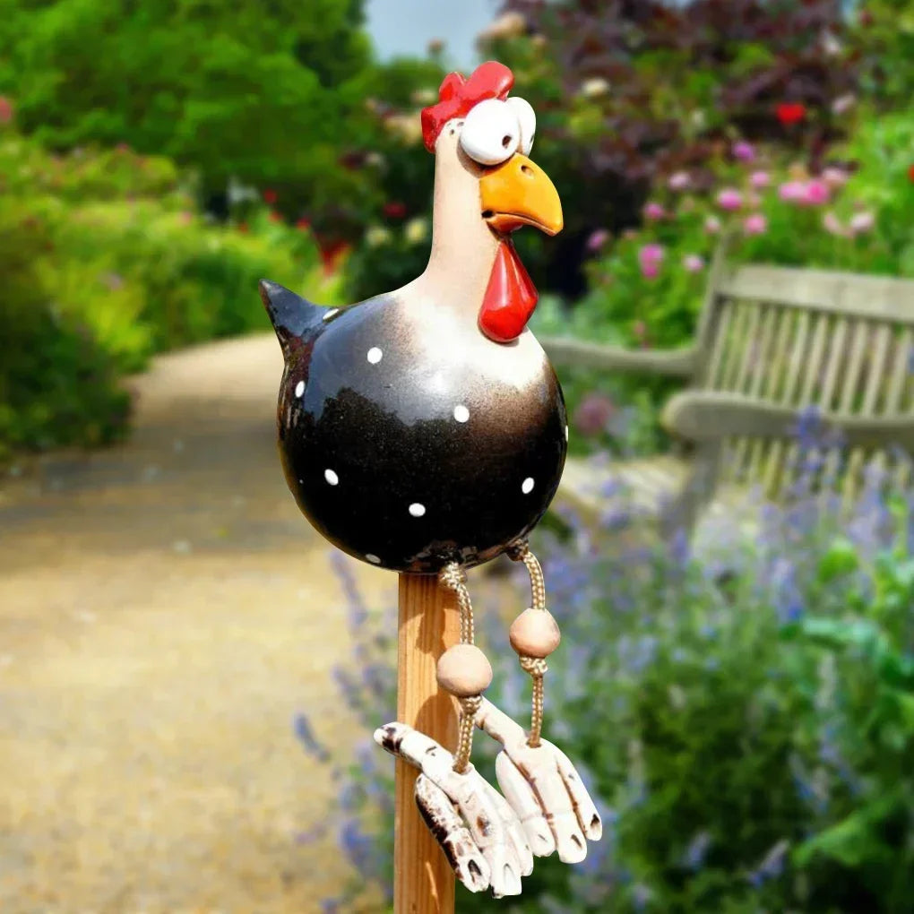 Resin Crafts Statues Funny Big Eyed Chicken Statue Long Foot Hen Sculptures Garden Fence Art Supplies Wooden Stake Decoration