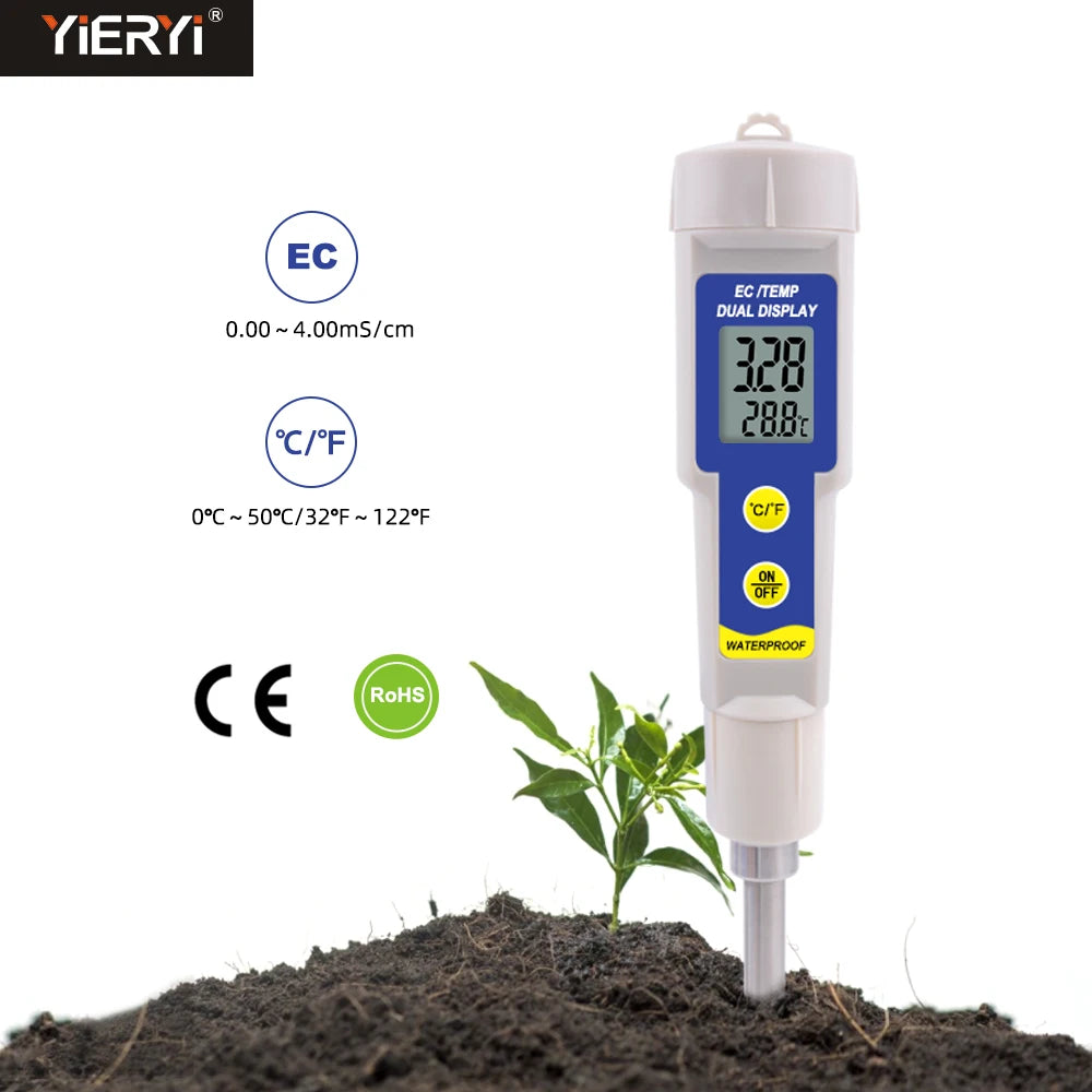 2 in 1 Soil Meter EC Temperature Conductivity Tester Nutrients Liquid Test Waterproof for Planting Gardening Hydroponics indoor