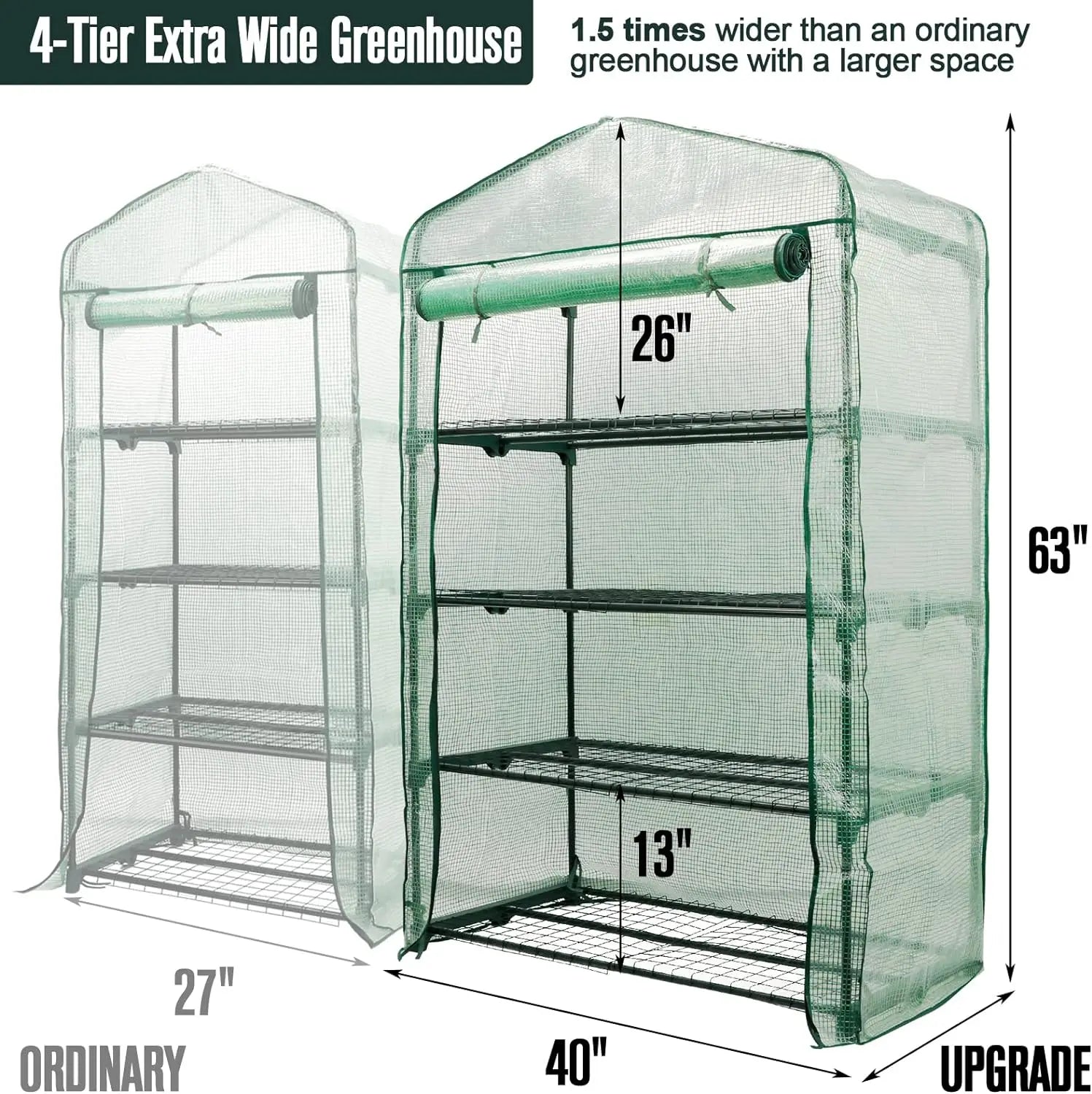 Garden 50% Extra Wide Mini Greenhouse 4 Tier Portable Plant Green House 40in Wide -Sturdy Gardening Shelves with PE Cover & Roll