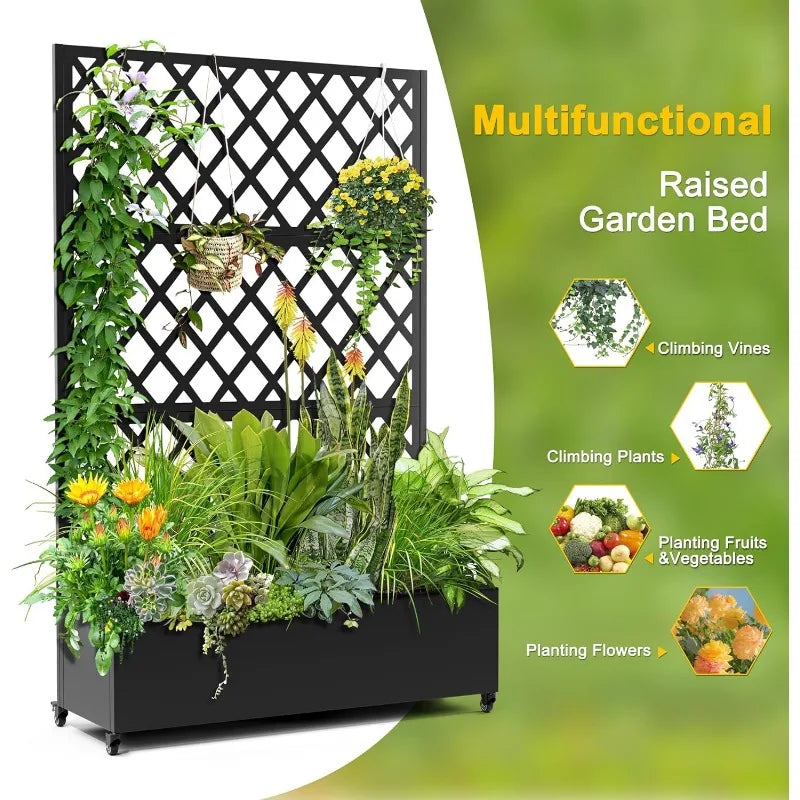 Metal Planter Box with Diamond Lattice Trellis Planter Box, Galvanized Raised On Wheels, Garden Bed with Trellis(73"x47" Black)