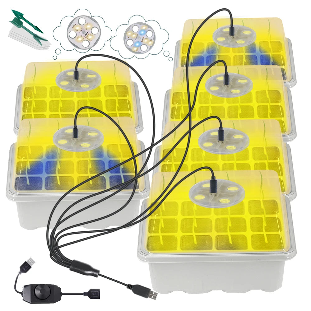 11CM 12-Cell Seed Starter Tray Grow Light 8/4 LEDs Full Spectrum Seedling Grow Box Humidity Dome Indoor Gardening Germination