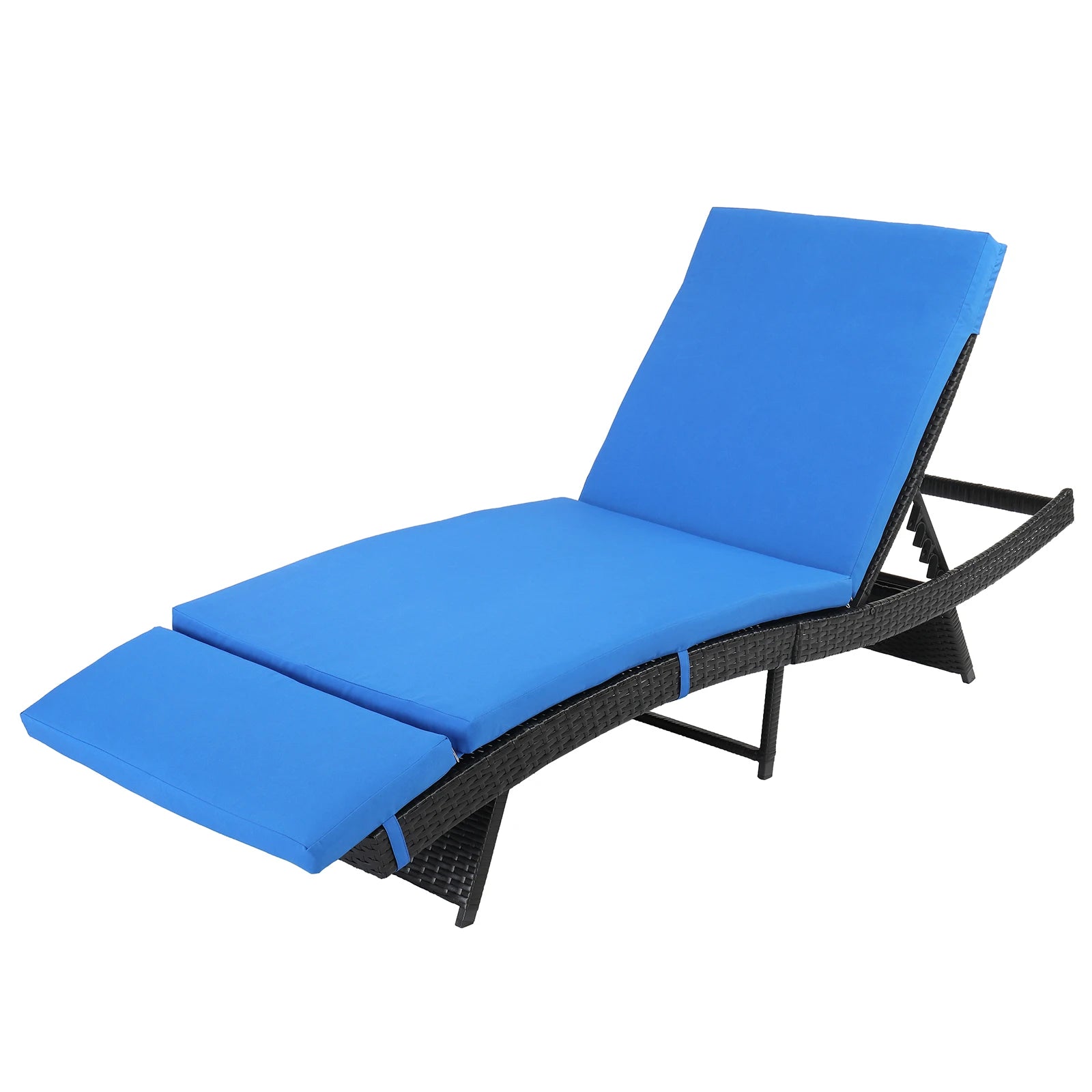 193*68*33cm S Shape Iron Frame Black Embossed Blue Cushion Woven Rattan Bed for Patio Deck Garden, Backyard Furniture