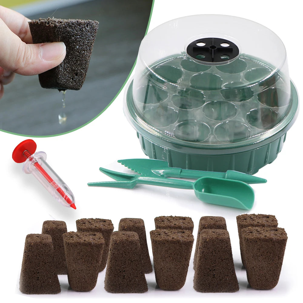 13 Cells Round Plant Seed Starting Pot with Warmer Cover Humidity Dome Gardening Seedling Care Package Nursery Plant Grow Tray