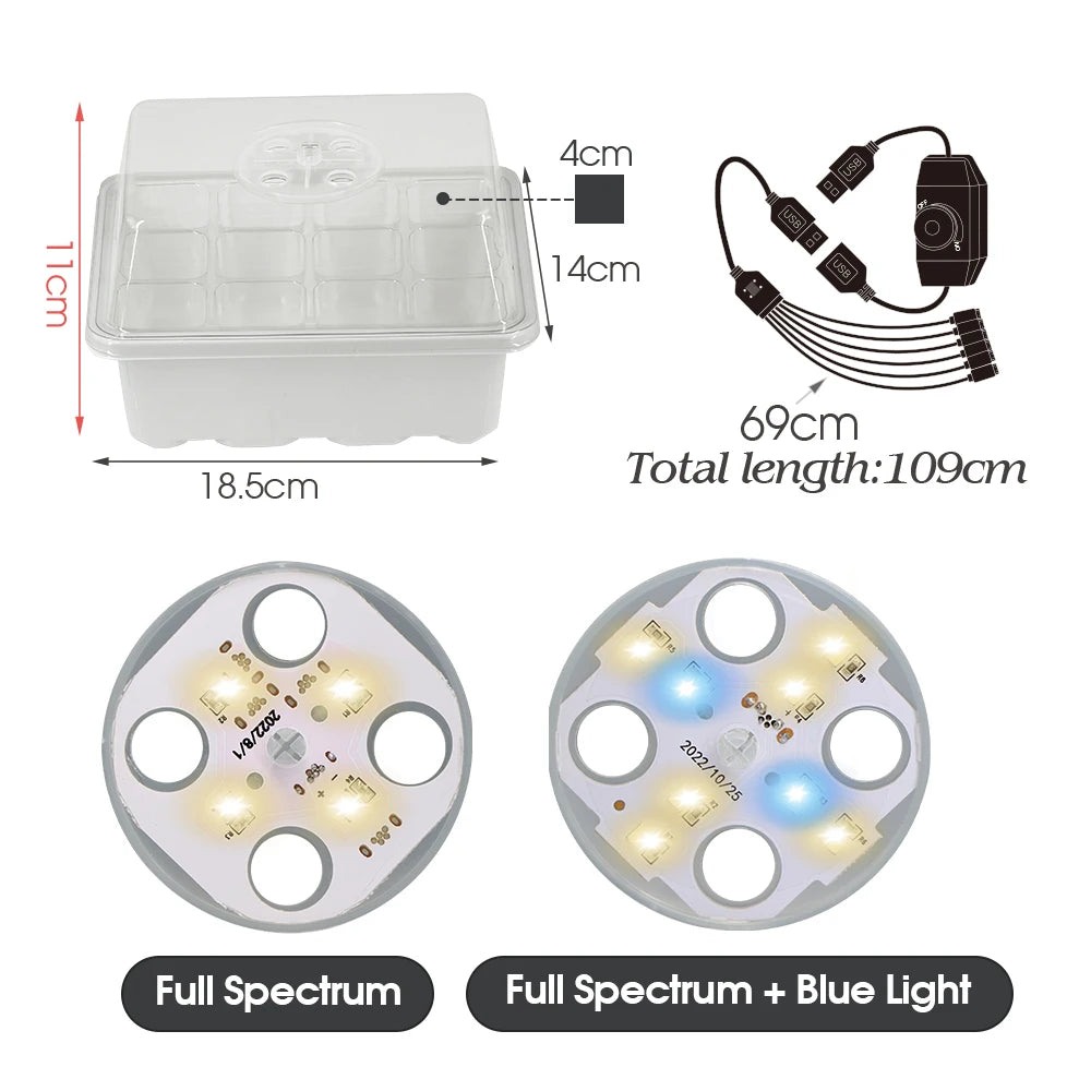 11CM 12-Cell Seed Starter Tray Grow Light 8/4 LEDs Full Spectrum Seedling Grow Box Humidity Dome Indoor Gardening Germination