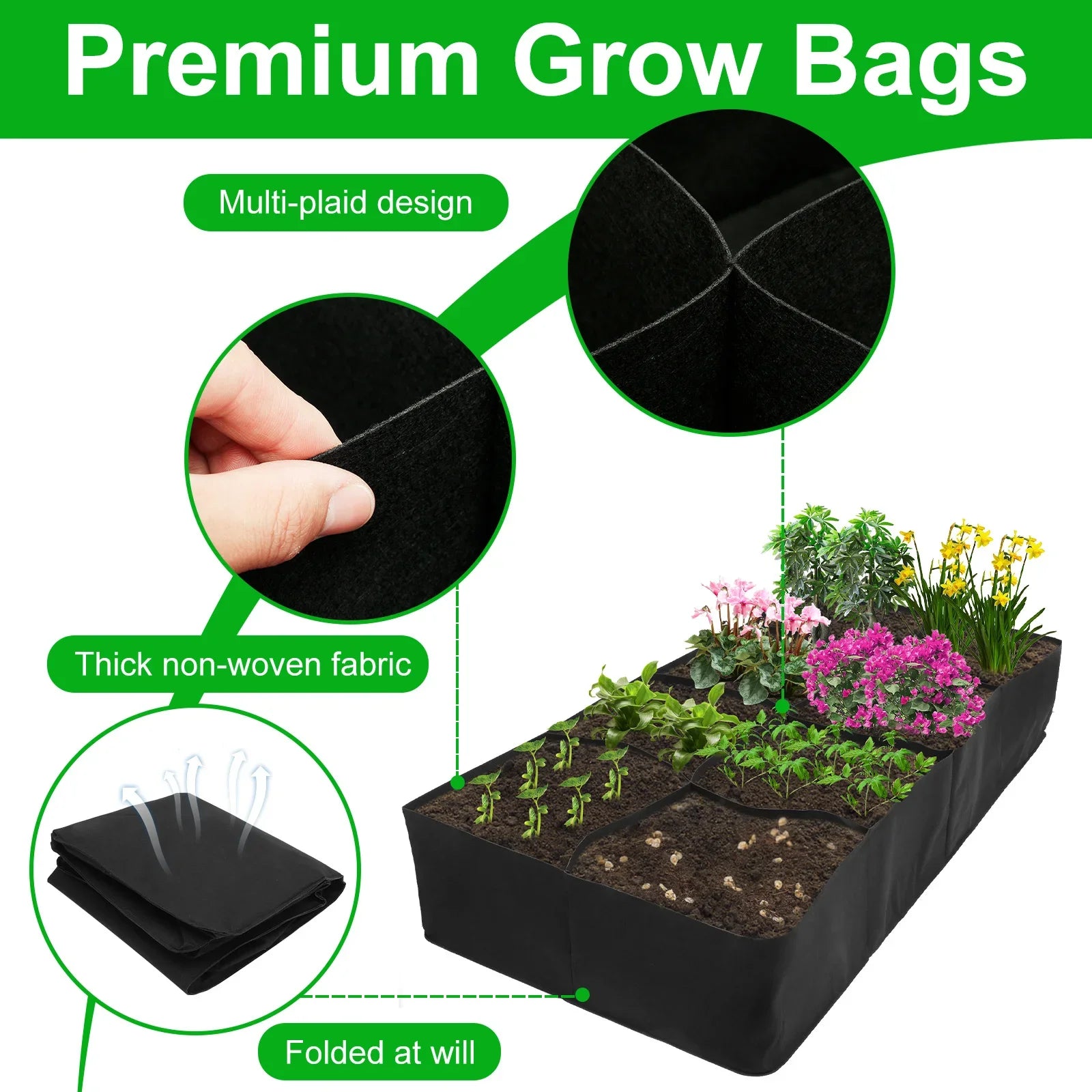 Garden Raised Planting Bed 4/8 Grids Reusable Fabric Raised Garden Bags Portable Rectangle Grow Bag Large Vegetable Planting Bag