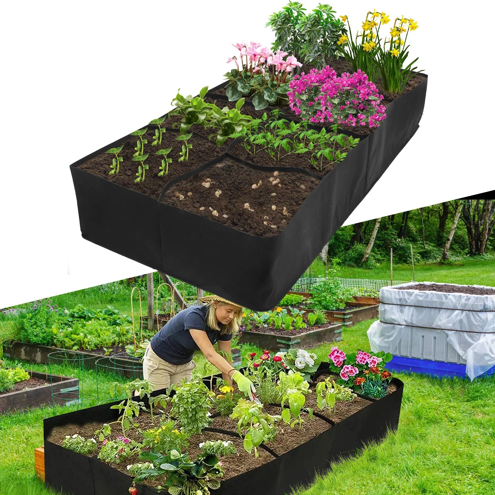 Garden Raised Planting Bed 4/8 Grids Reusable Fabric Raised Garden Bags Portable Rectangle Grow Bag Large Vegetable Planting Bag