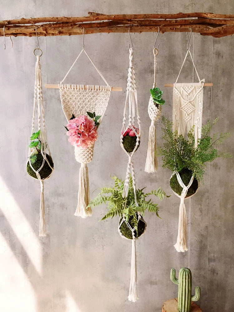 Gardening Green Plant Hanging Basket Cotton Rope Hanger Flower Pot  Handmade Macrame Pot Pocket Wall Boho Courtyard  Home Decor