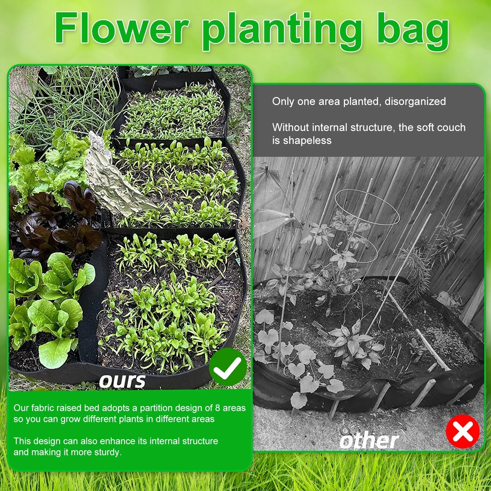 Garden Raised Planting Bed 4/8 Grids Reusable Fabric Raised Garden Bags Portable Rectangle Grow Bag Large Vegetable Planting Bag